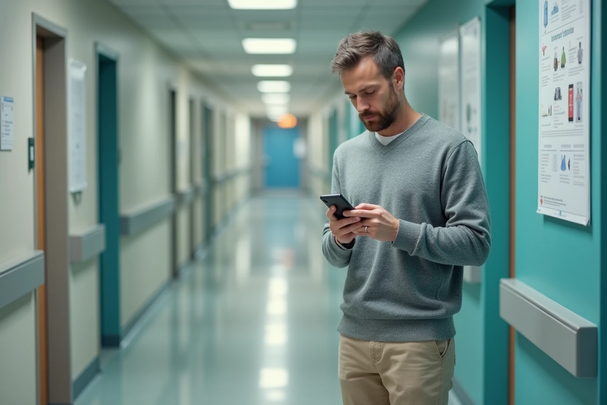 Homme lisant son smartphone dans un couloir d