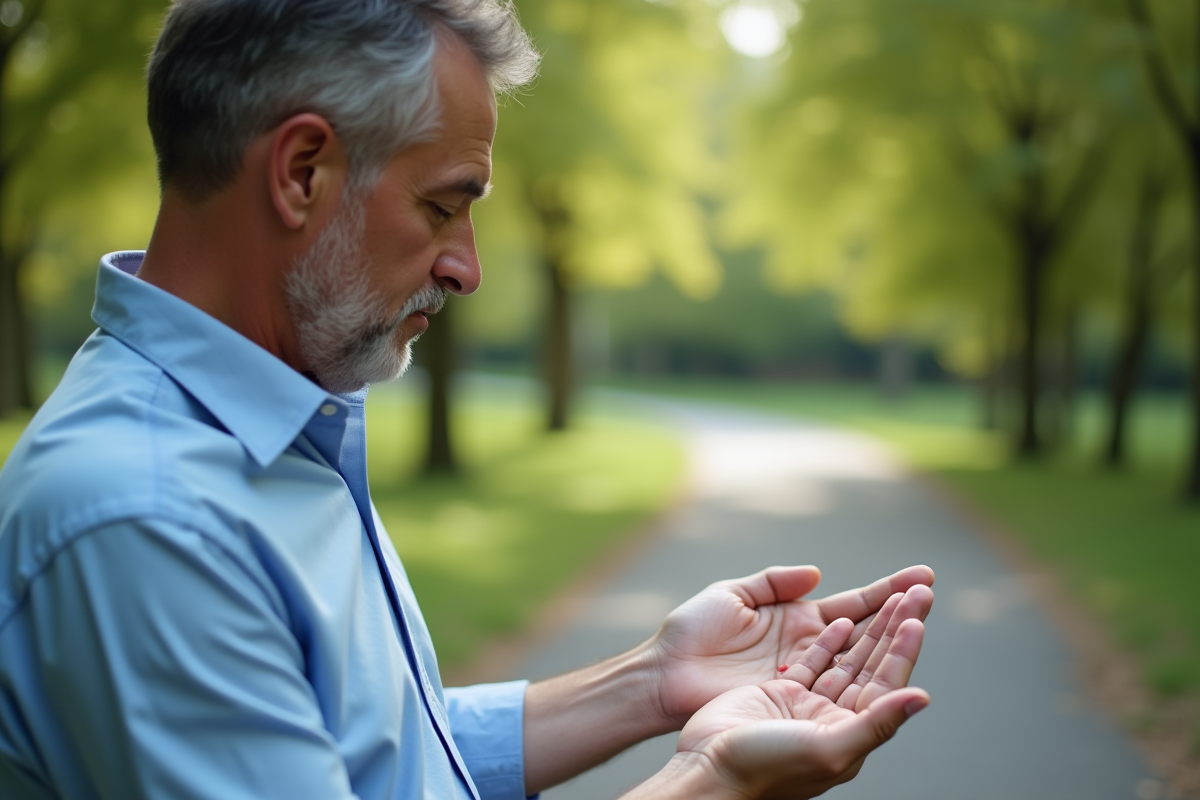 Homme examine ses éruptions cutanées sur la main en plein air dans un parc