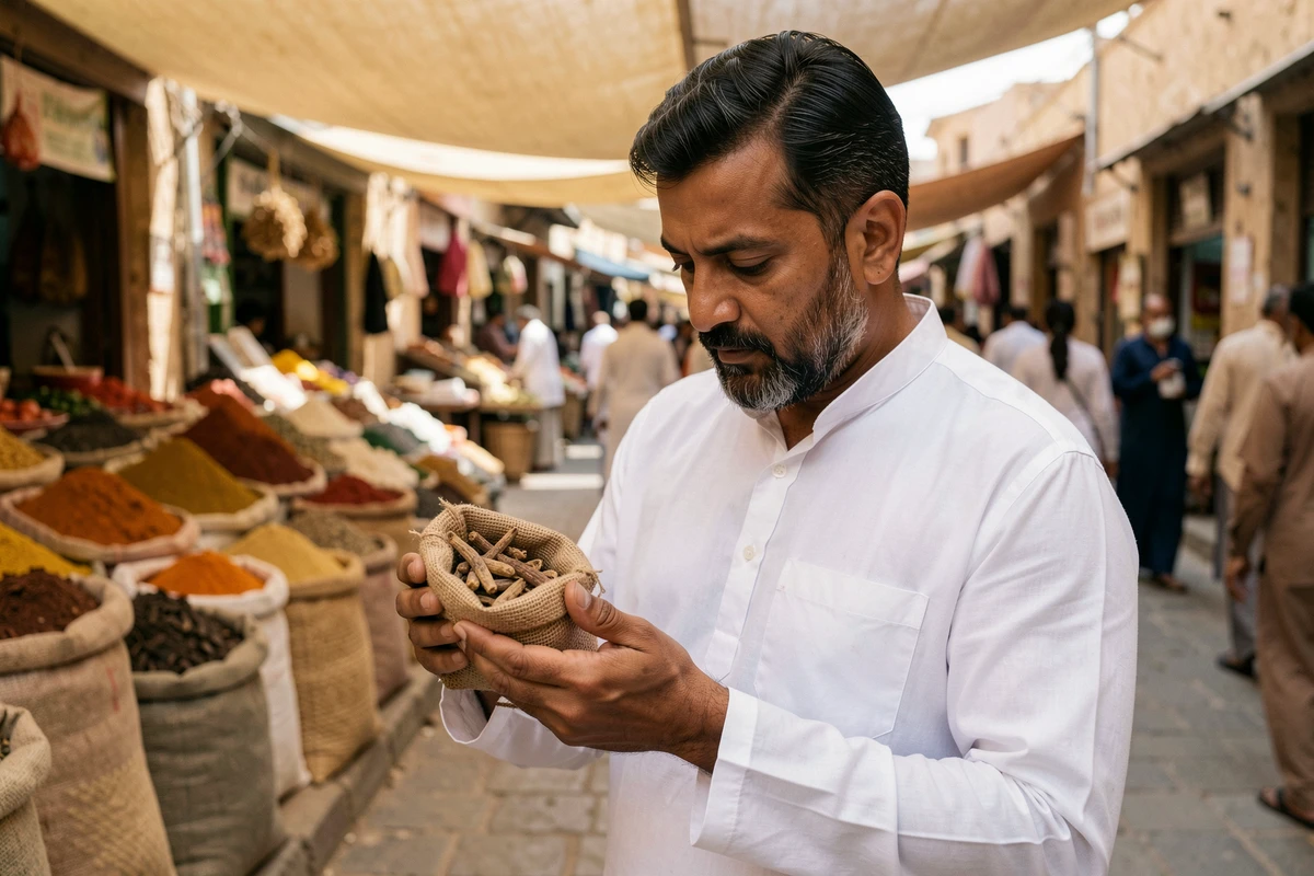 Homme examinant une poche de costus indien dans un marché traditionnel, évaluant l'authenticité du produit