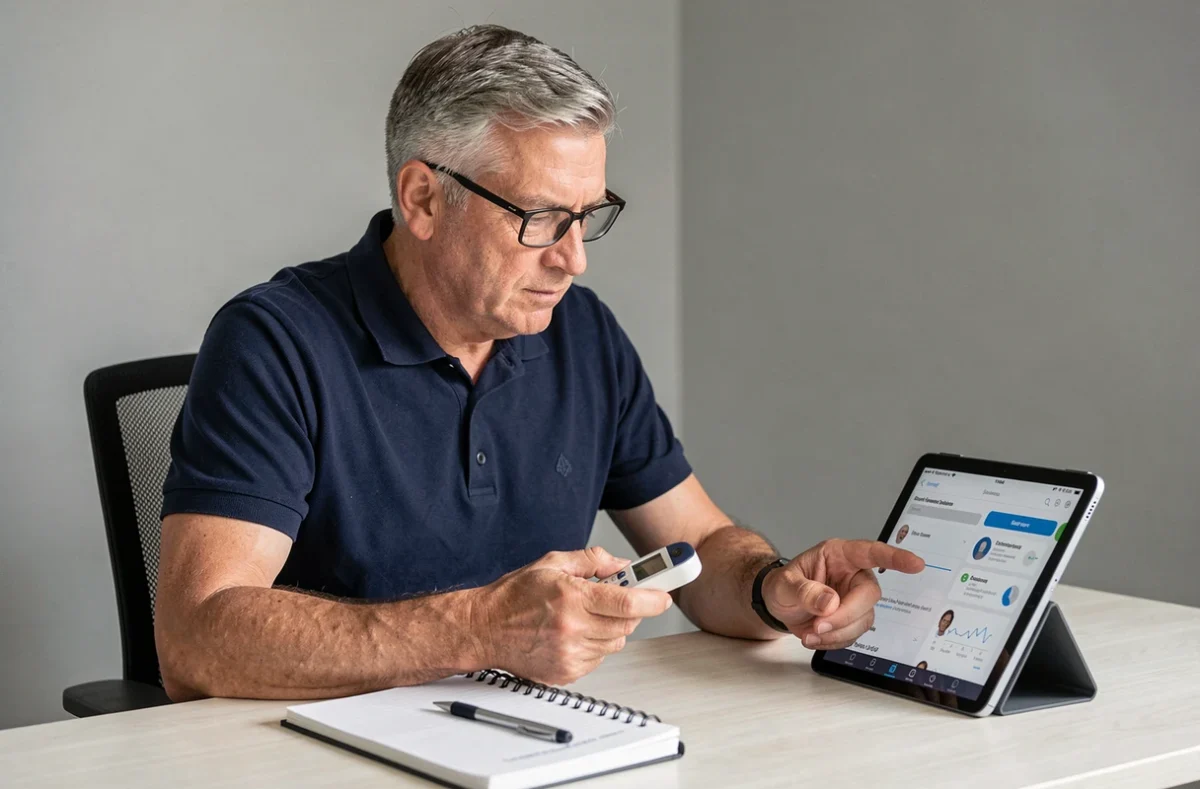 Homme de 55 ans utilisant un lecteur de glycémie traditionnel connecté à une application de gestion du diabète sur tablette dans un bureau à domicile