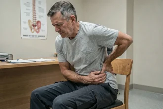Homme d'âge mûr souffrant de lombalgie chronique lors d'une consultation médicale pour discopathie L5-S1