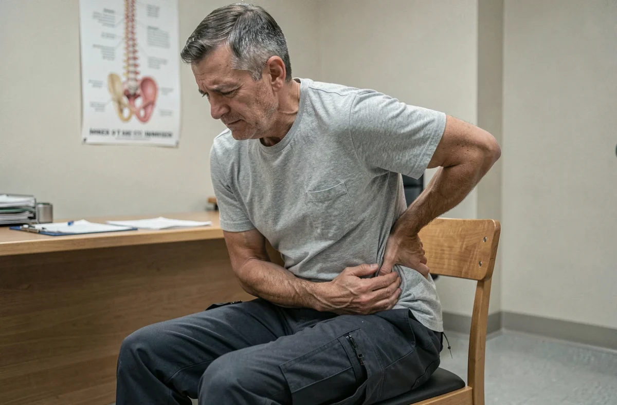 Homme d'âge mûr souffrant de lombalgie chronique lors d'une consultation médicale pour discopathie L5-S1