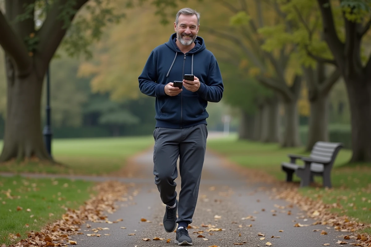 Homme marchant dans un parc sur chemin de gravier avec application de comptage de pas sur smartphone