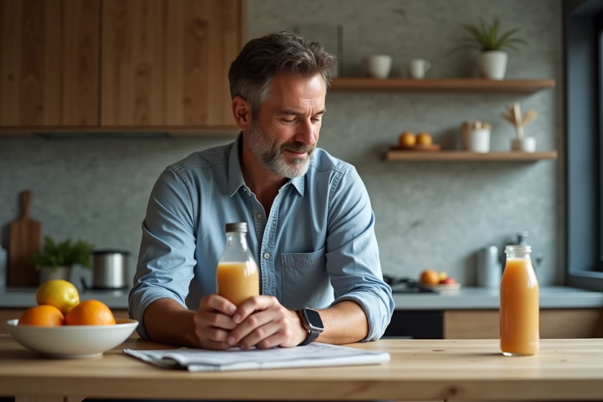 Homme d'âge moyen dans la cuisine moderne vérifiant sa montre