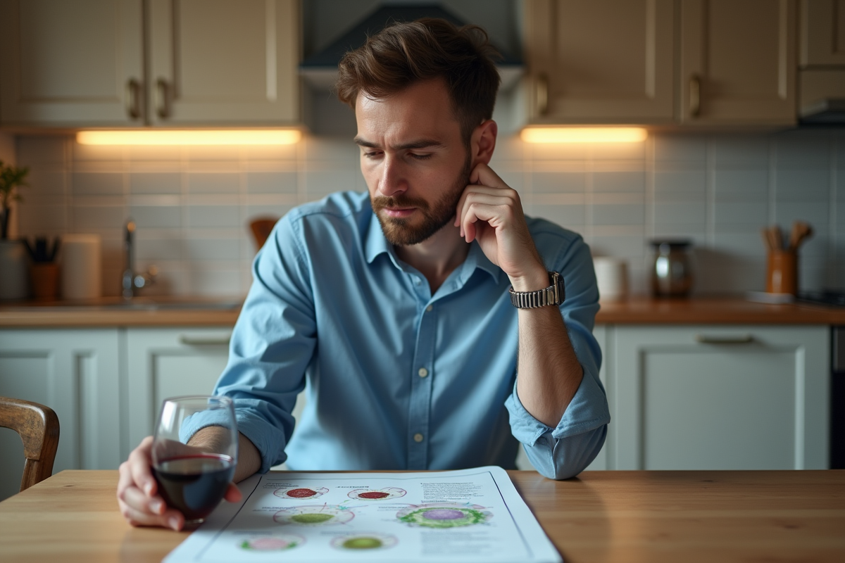 Homme pensif regardant un diagramme médical dans la cuisine