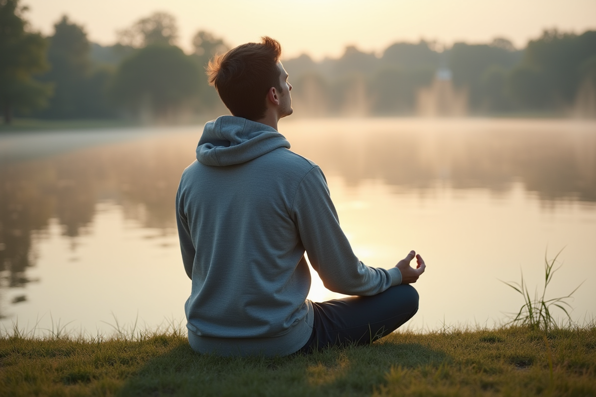 Homme méditant au bord d’un lac au lever du soleil