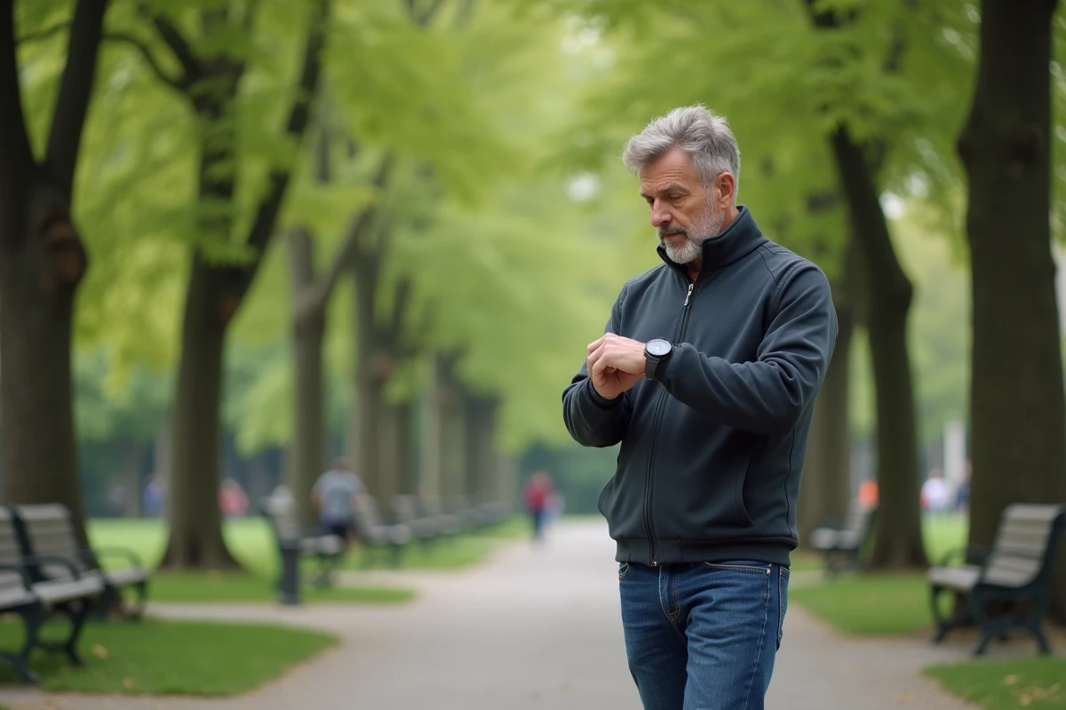Homme marcheur vérifiant sa montre dans un parc urbain