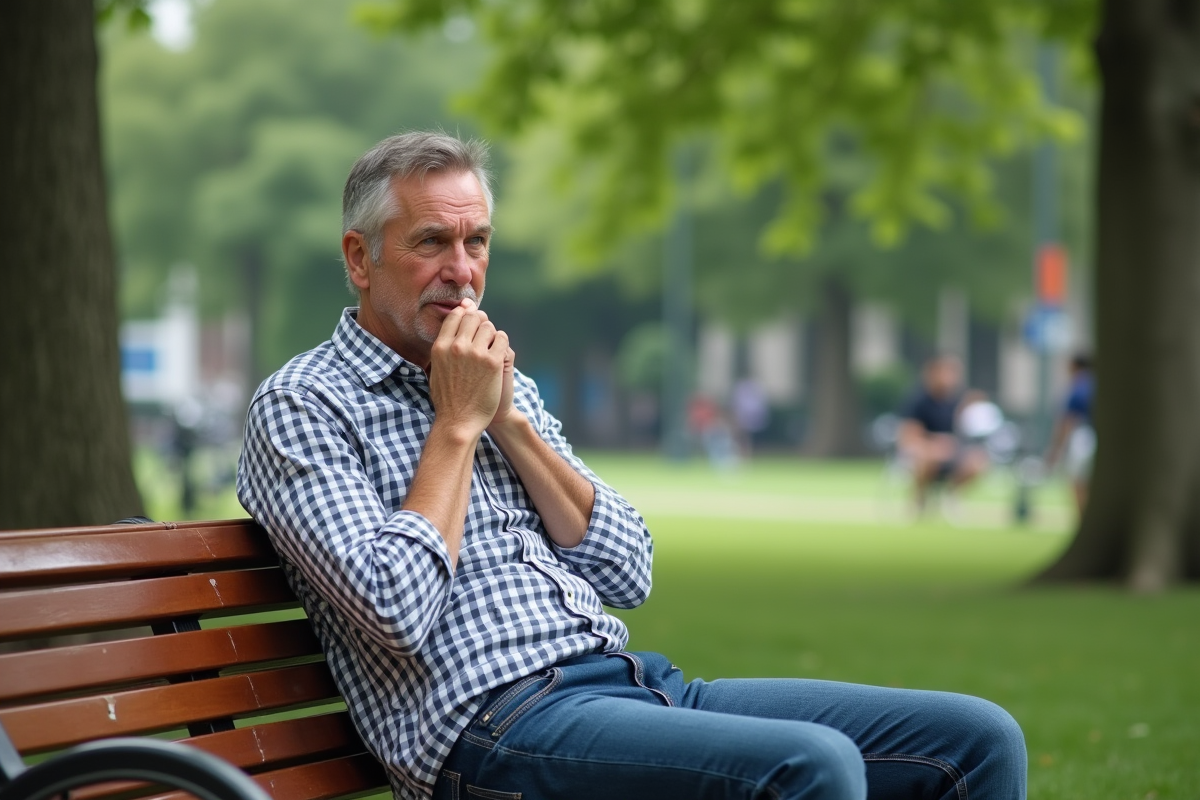 Homme d'âge moyen dans un parc urbain en jeans et chemise à carreaux