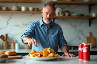 Homme d'âge moyen atteignant une assiette de pâtisseries dans une cuisine lumineuse