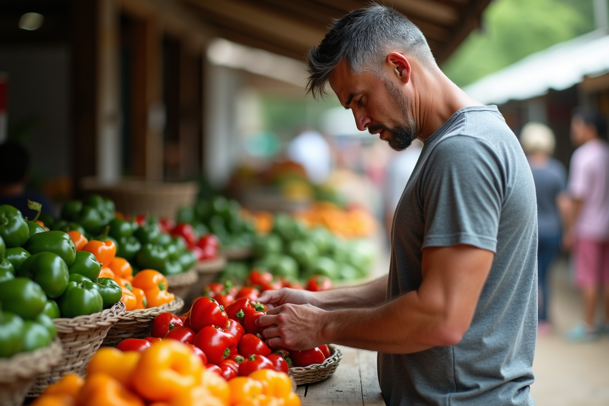 Homme examinant des piments frais au marché en plein air
