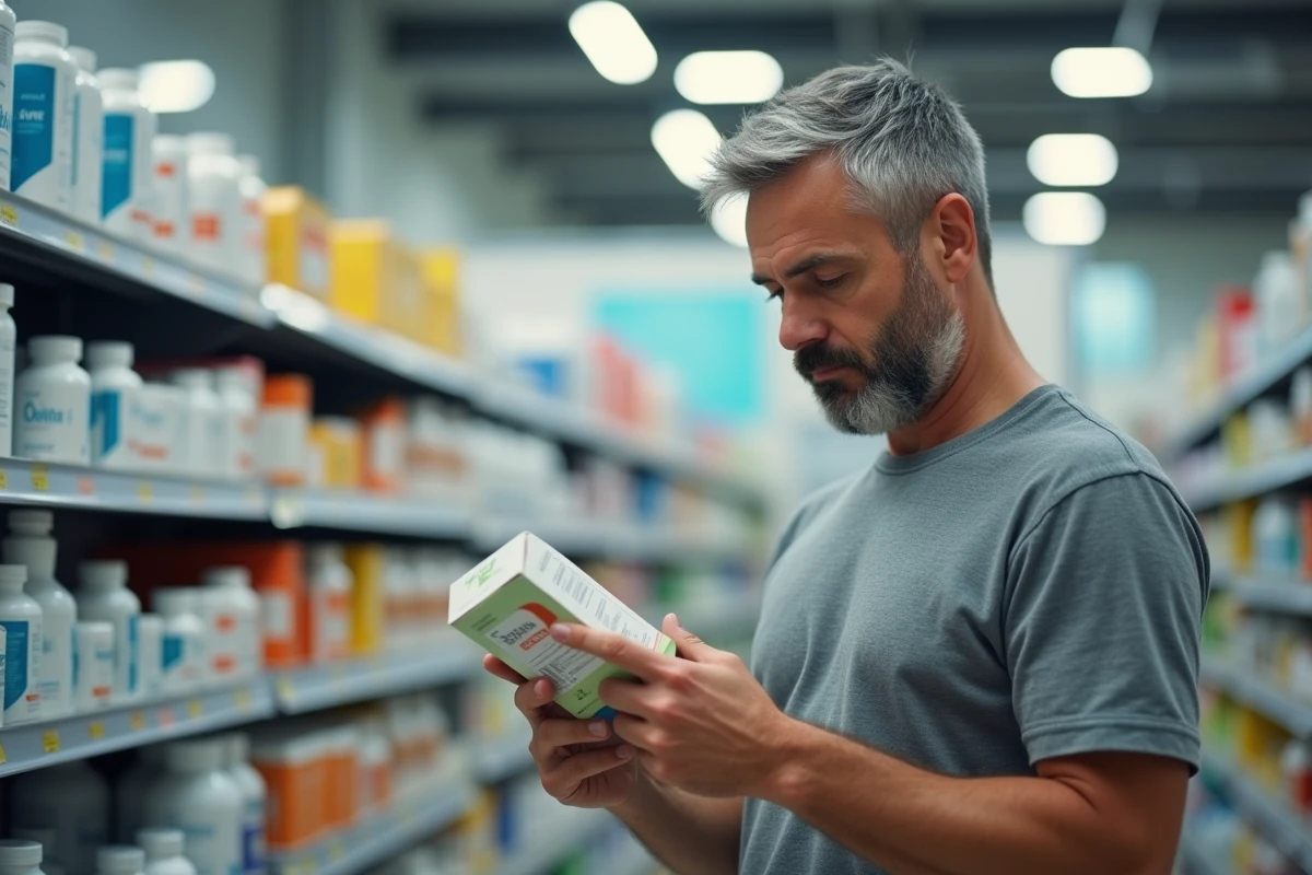 Homme en pharmacie lisant l'étiquette d'un complément alimentaire pour améliorer sa digestion et réduire les ballonnements