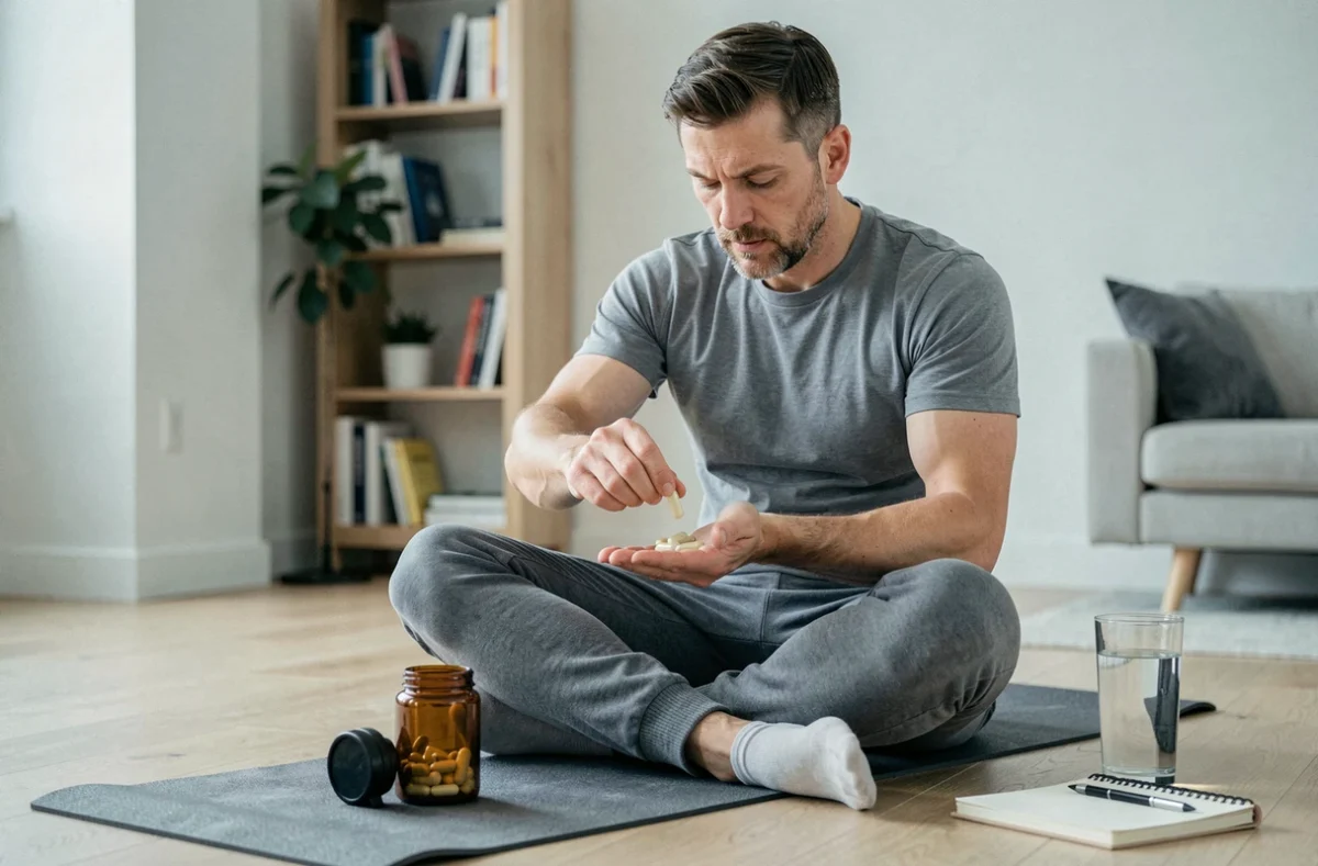 Homme prenant des compléments phytothérapeutiques naturels avant une séance de sport à domicile