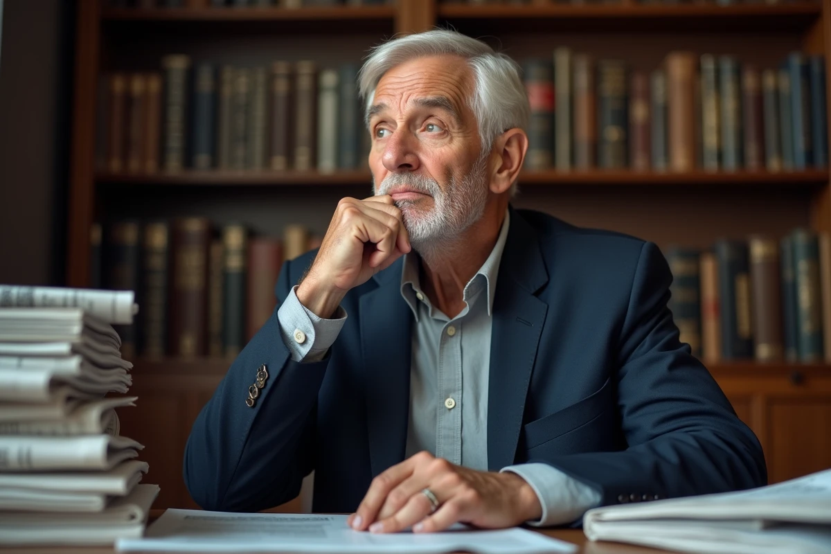 Homme politique senior pensif assis à son bureau entouré de journaux, illustrant les rumeurs et fausses informations sur la santé de personnalités publiques