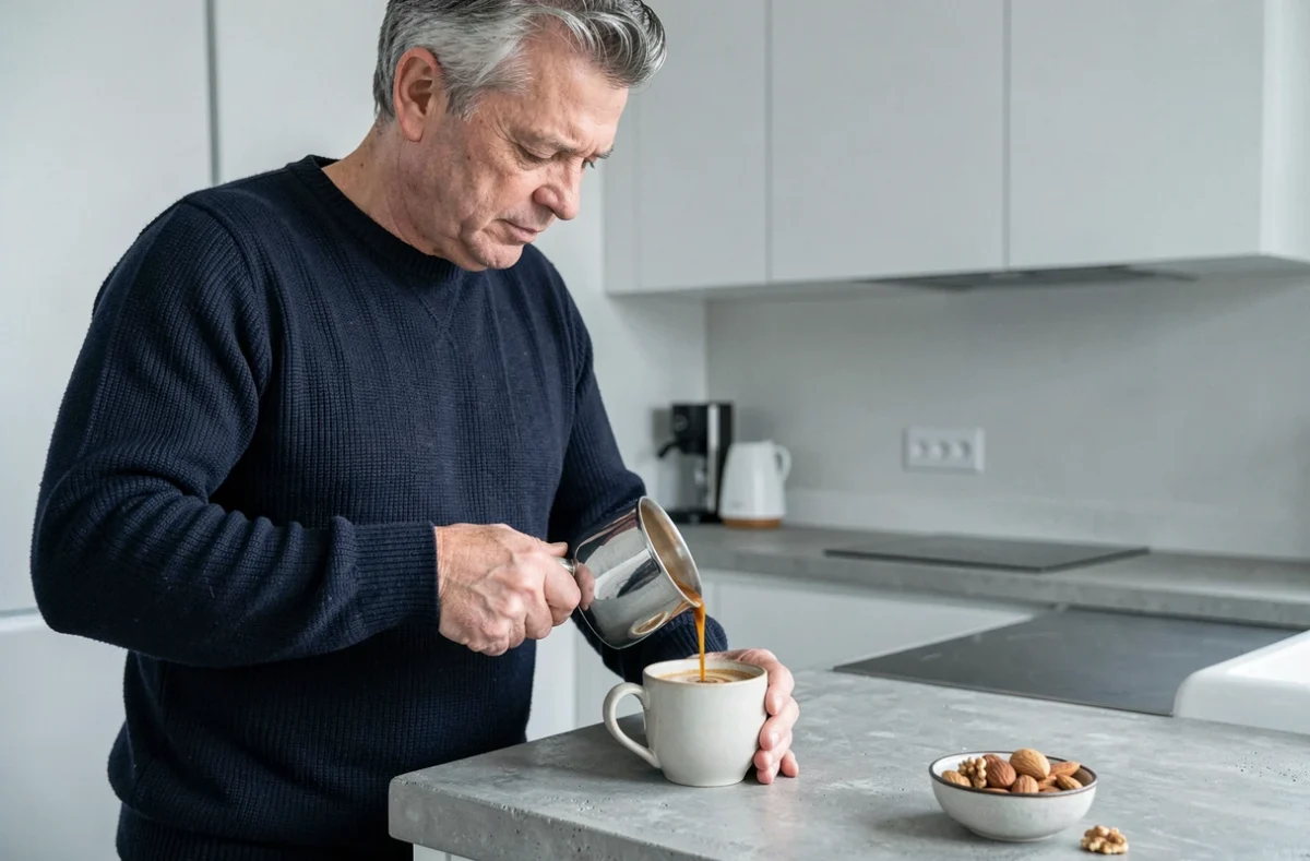 Homme versant du lait dans un café expresso dans une cuisine moderne, symbolisant l'apport en calcium du café au lait