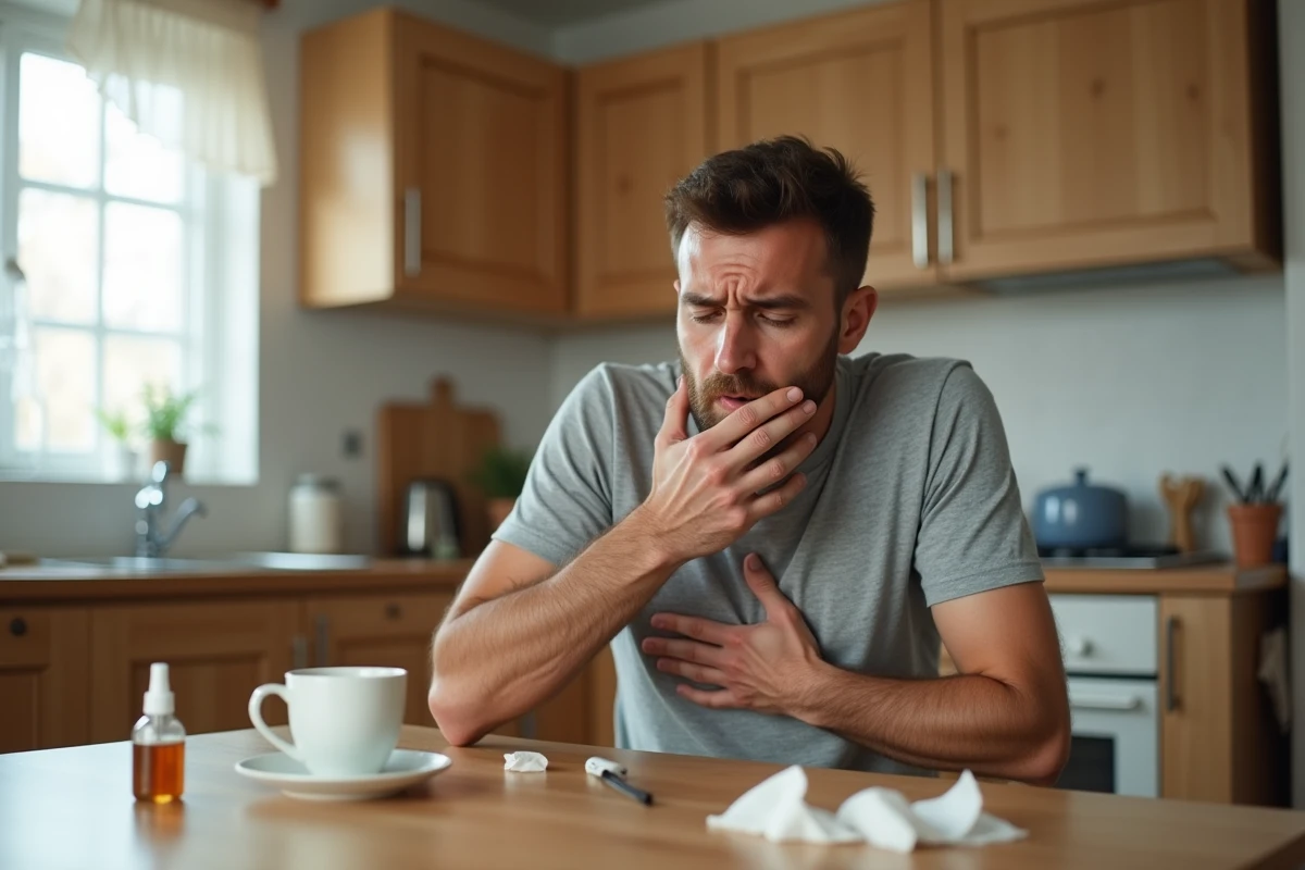 Homme souffrant d'une quinte de toux allergique assis dans sa cuisine avec un spray nasal et une tasse de tisane sur la table
