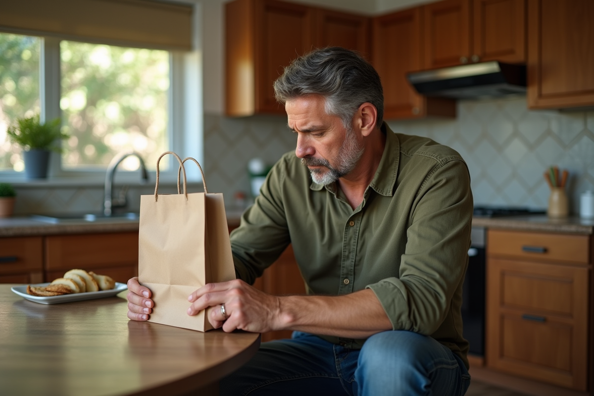 Homme d'âge moyen contemplant un sac en hemp dans la cuisine