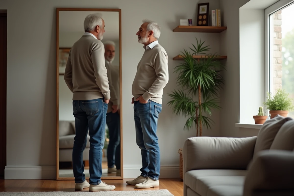 Homme regardant son reflet dans un miroir &agrave; la maison