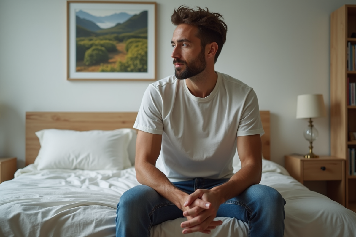 Homme pensif assis sur le lit dans une chambre calme