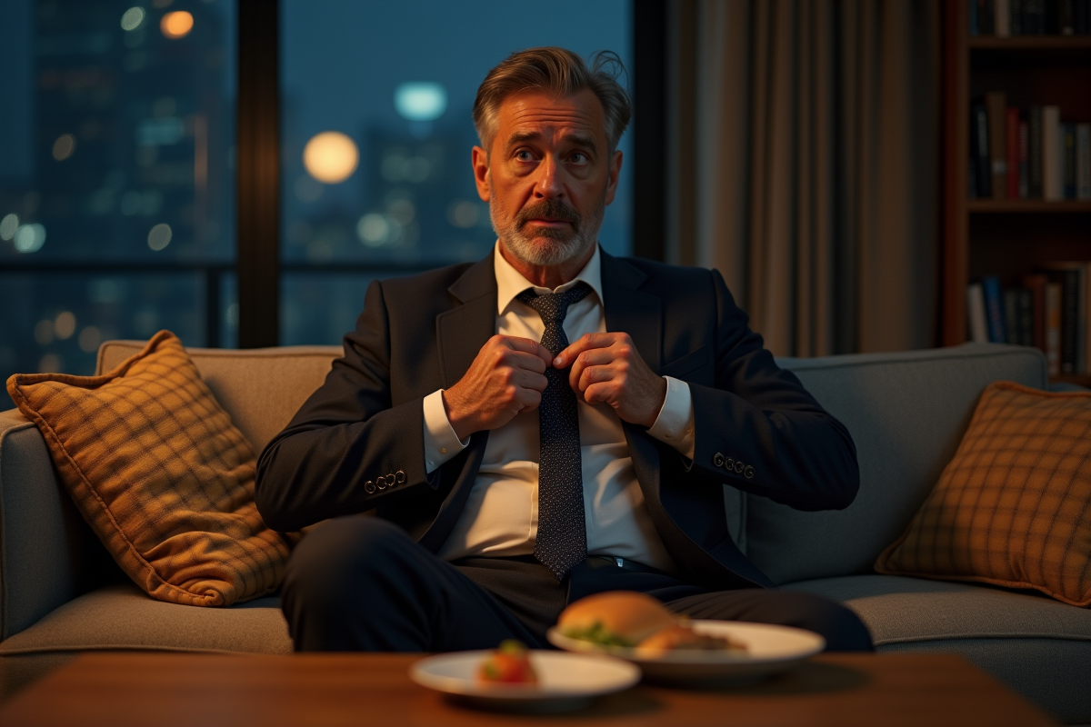 Homme en costume détendu sur un canapé en soirée