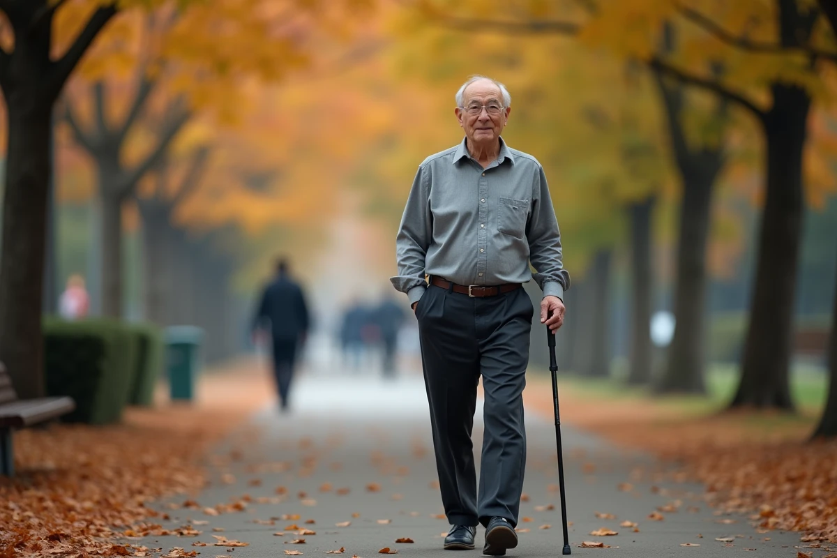 Homme senior marchant avec assurance dans un parc en automne, illustrant la récupération de la mobilité et du confort de vie