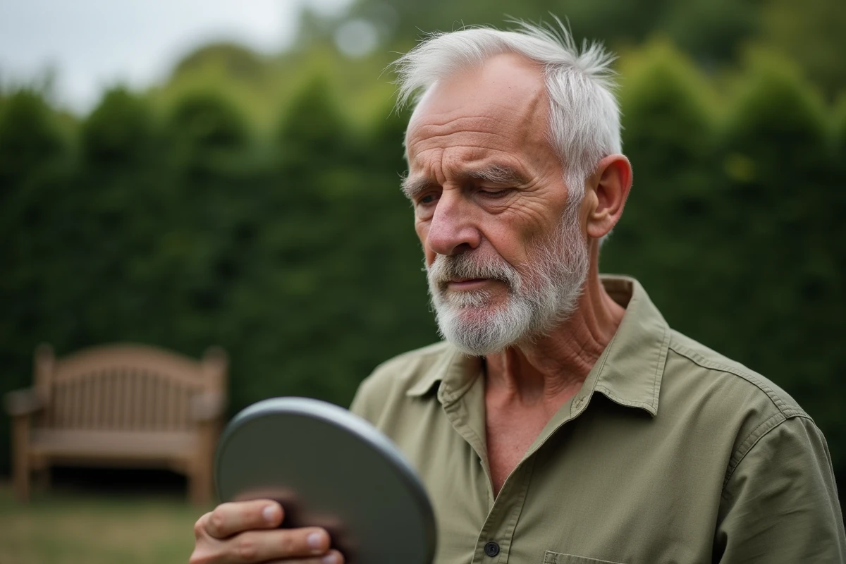 Homme senior examinant une tache suspecte sur son nez avec un miroir dans un jardin extérieur
