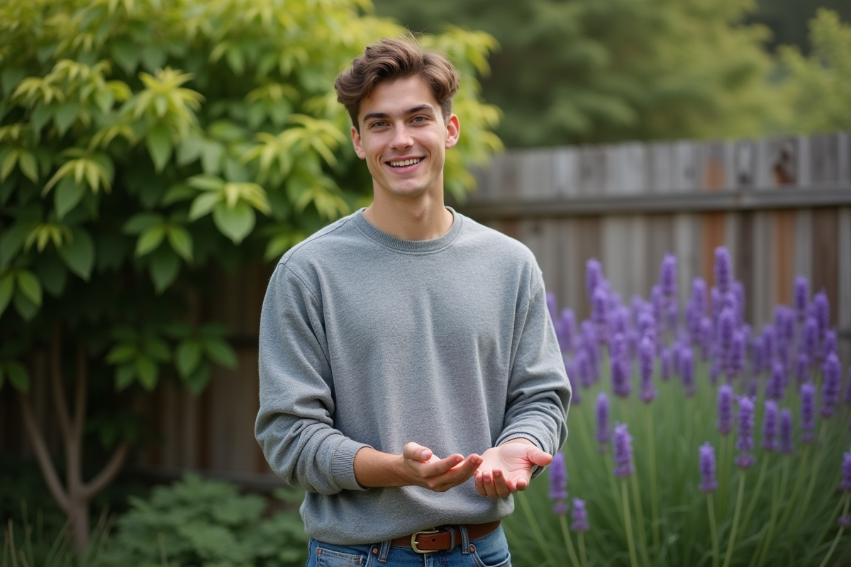 Jeune homme souriant avec mains hydratées dans un jardin
