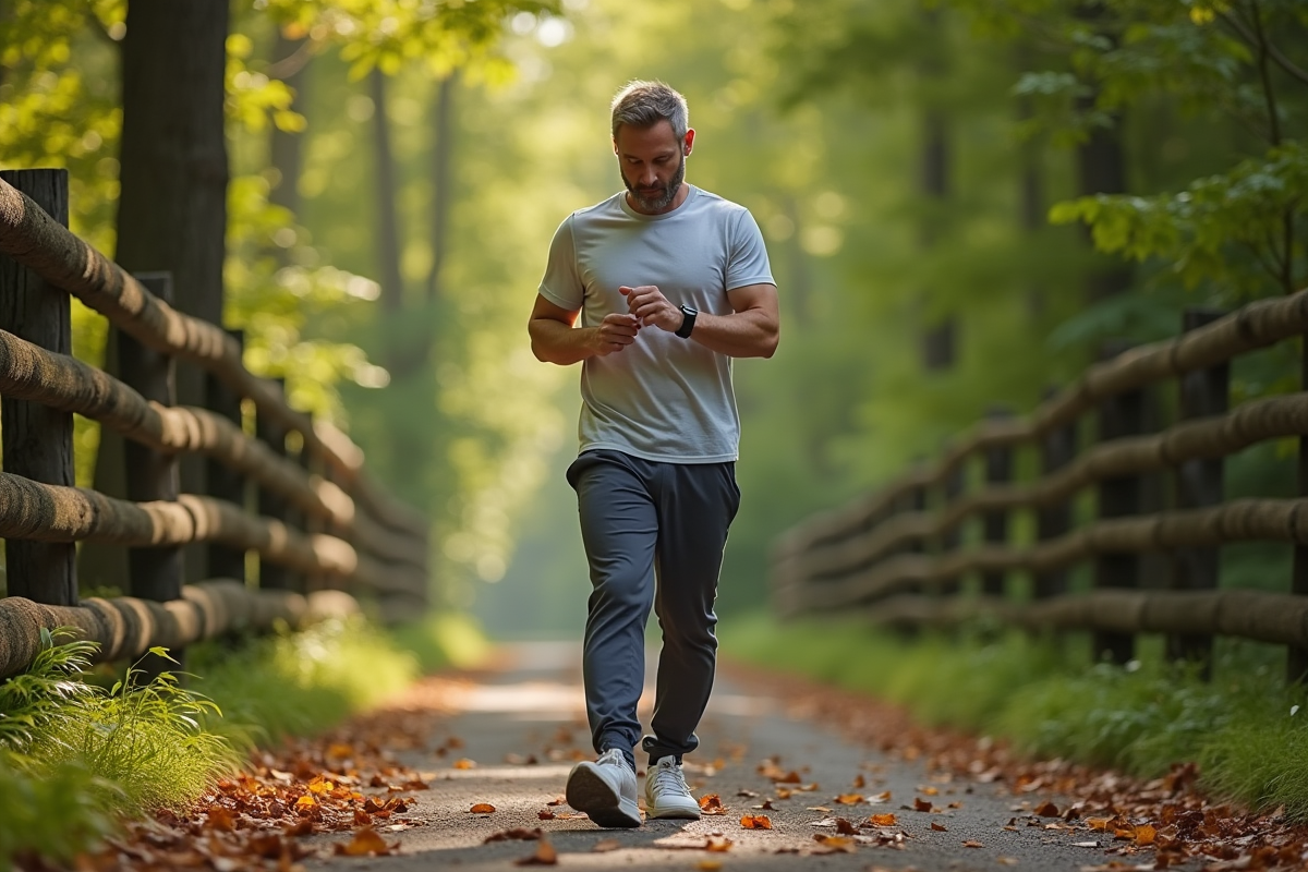 Homme en tenue de sport vérifiant son tracker dans la forêt