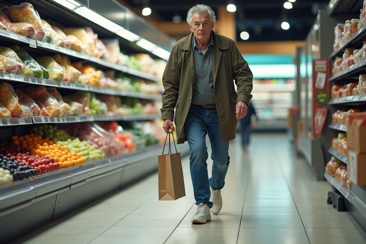 Homme d age moyen glissant dans un supermarche