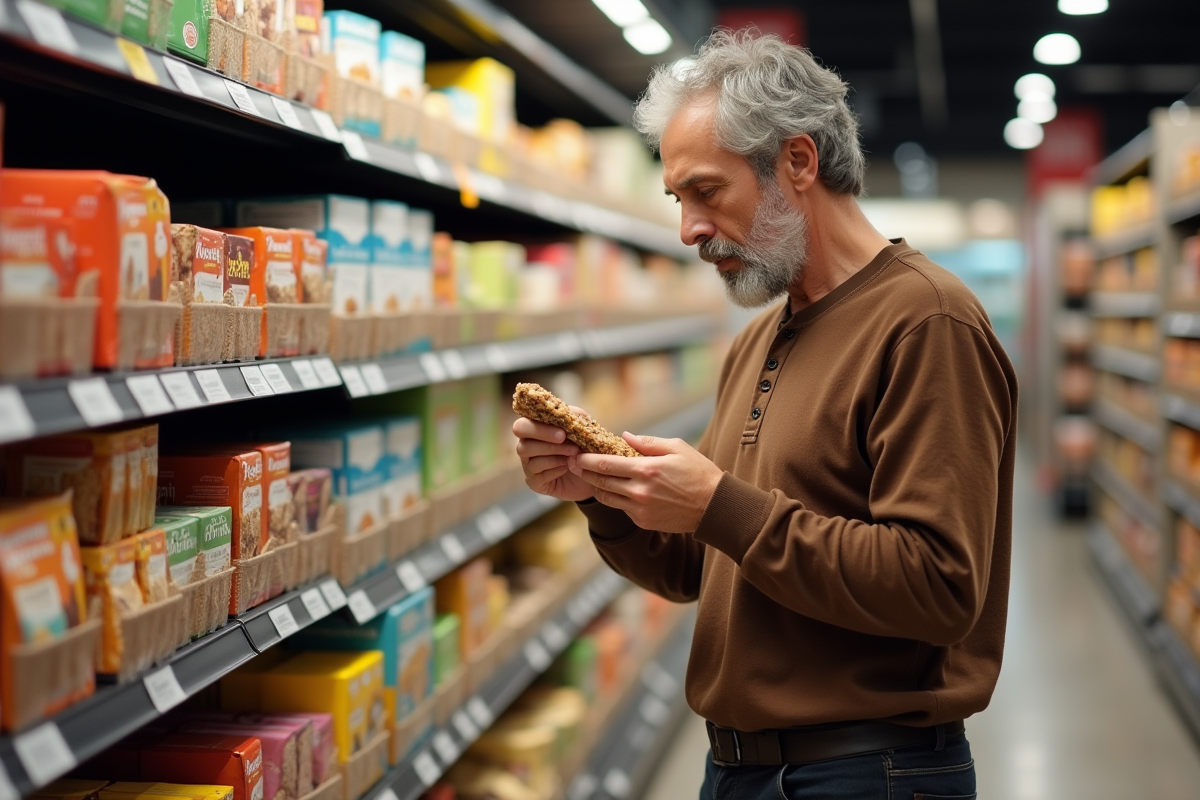 Homme examinant une barre de granola dans un supermarché