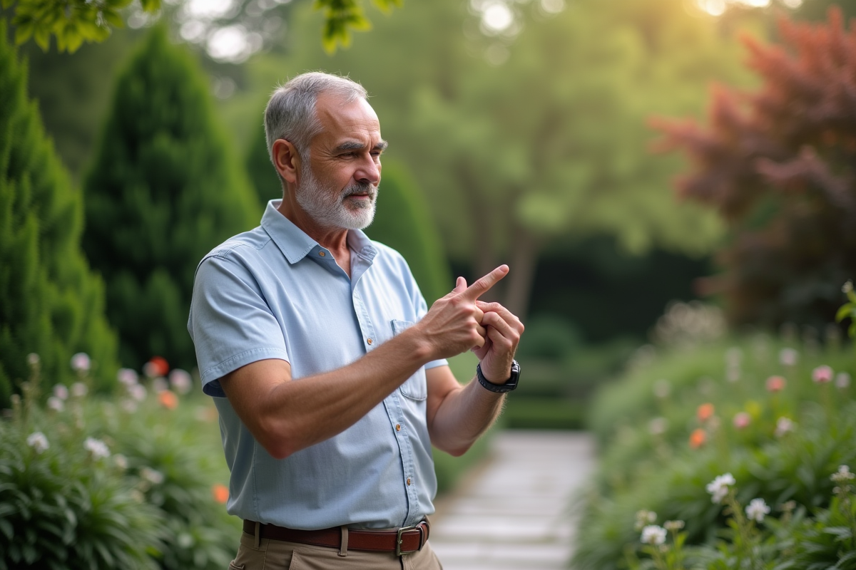 Homme en extérieur montrant la technique de pression sur la main