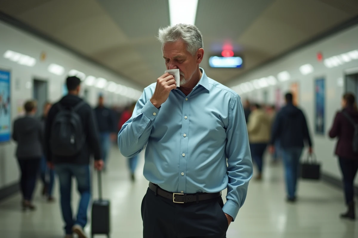 Homme qui éternue dans une station de métro animée