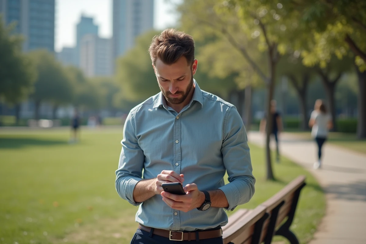 Homme v&eacute;rifiant ses progr&egrave;s sportifs sur son smartphone en plein air