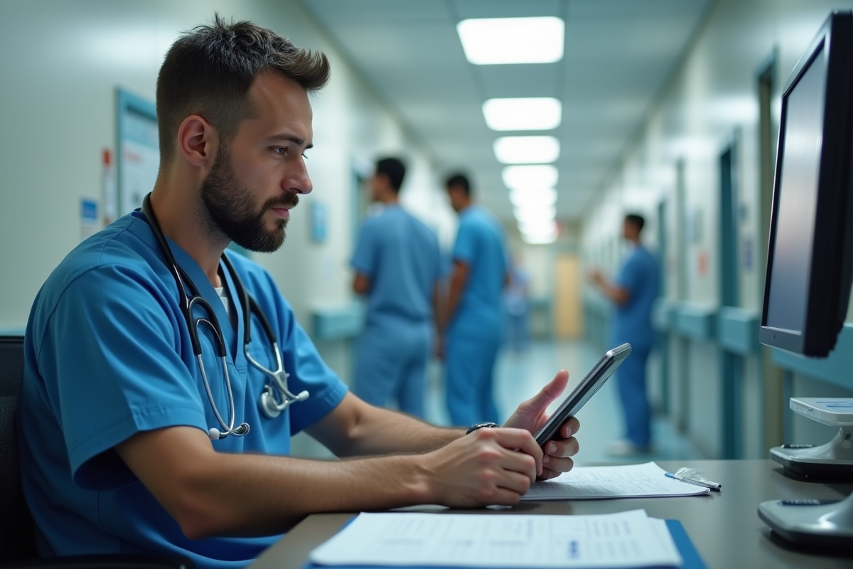Infirmier en scrubs bleus utilisant une tablette dans un couloir d