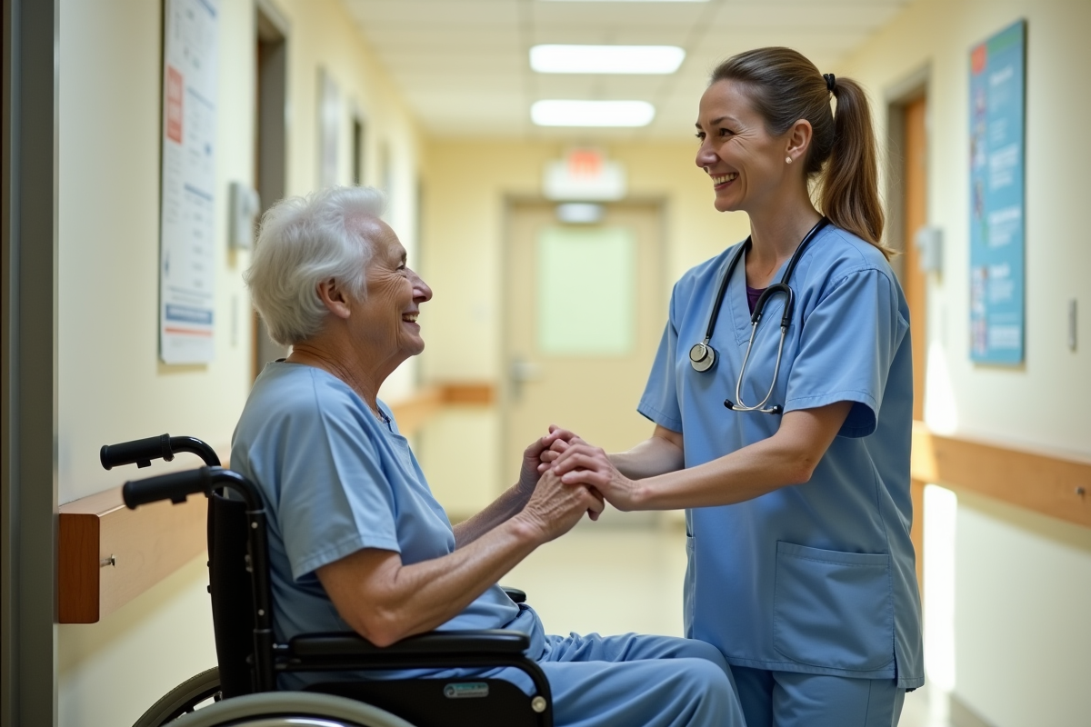 Infirmière aidant une personne âgée souriante dans un couloir d'hôpital
