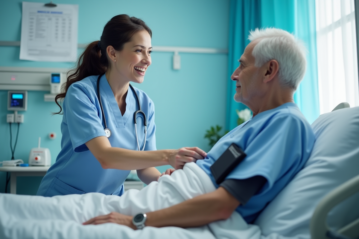 Infirmière vérifiant le pouls d'un patient âgé dans une chambre d'hôpital