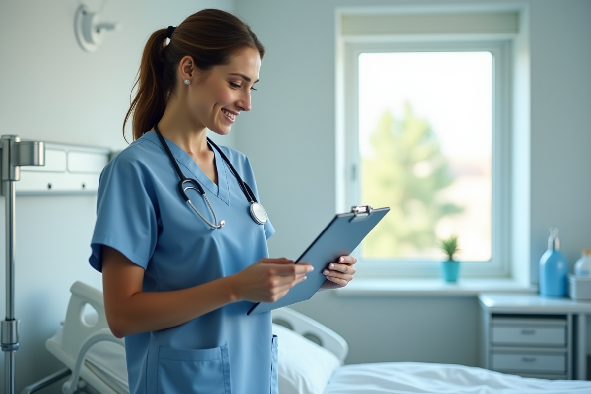 Infirmière souriante en blouse hospitalière dans une chambre moderne