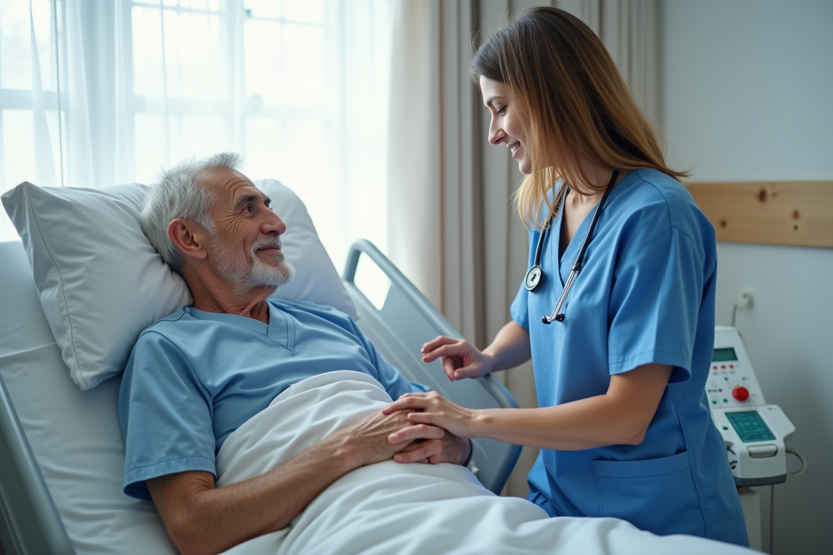 Infirmière en scrubs bleus tenant la main d'un patient âgé