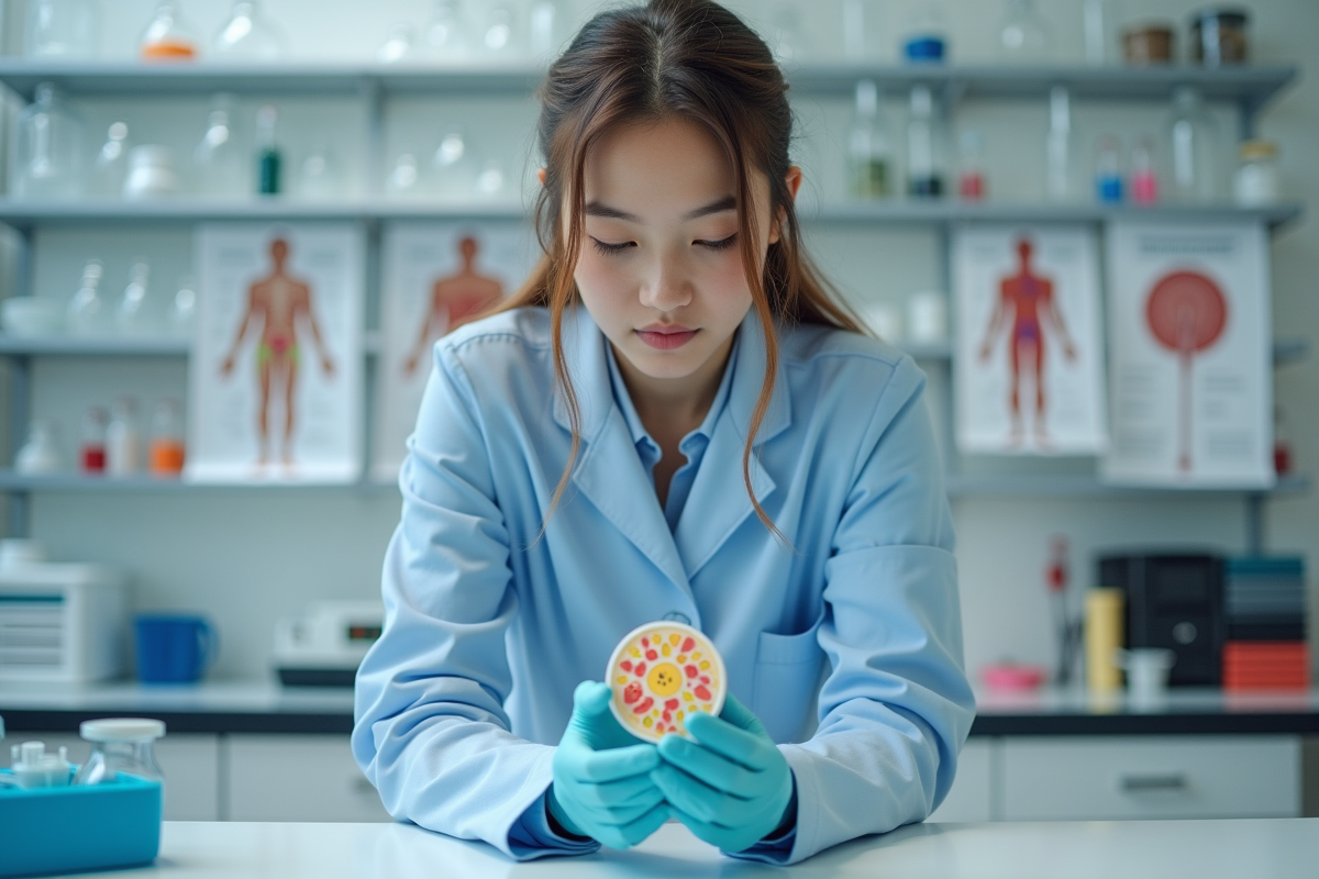 Jeune étudiante en biologie examine un modèle de mitochondrie