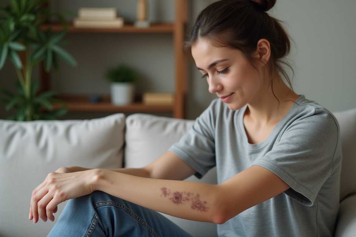 Jeune femme assise sur un canapé en tissu gris montrant ses éruptions cutanées