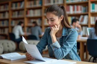 Jeune femme en étude universitaire dans une bibliothèque moderne