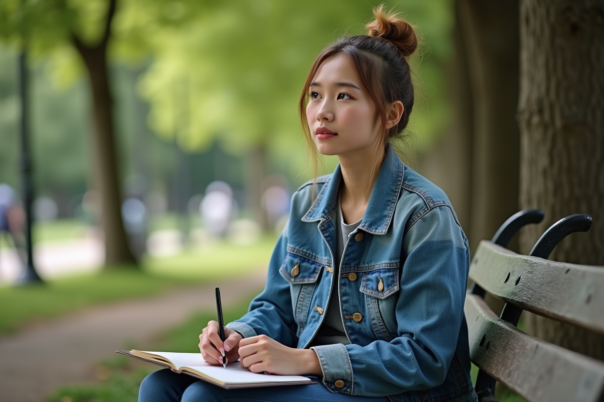 Jeune femme en denim dans un parc en réfléchissant