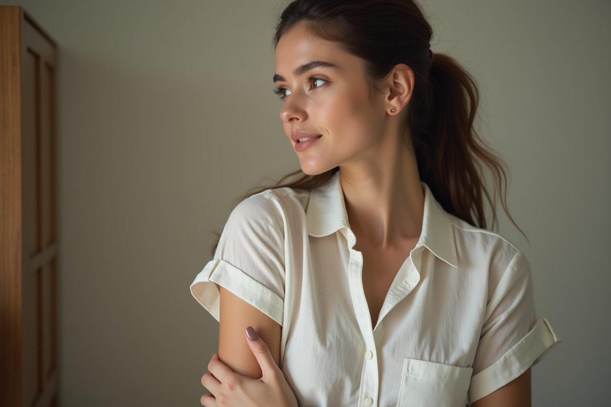 Jeune femme en portrait montrant une petite mole sous l'aisselle