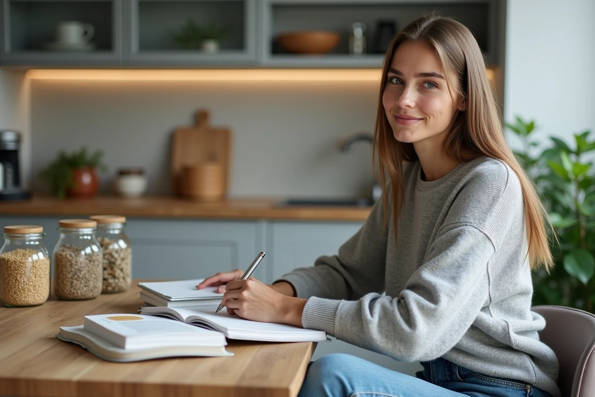 Jeune femme en cuisine prenant des notes sur la nutrition
