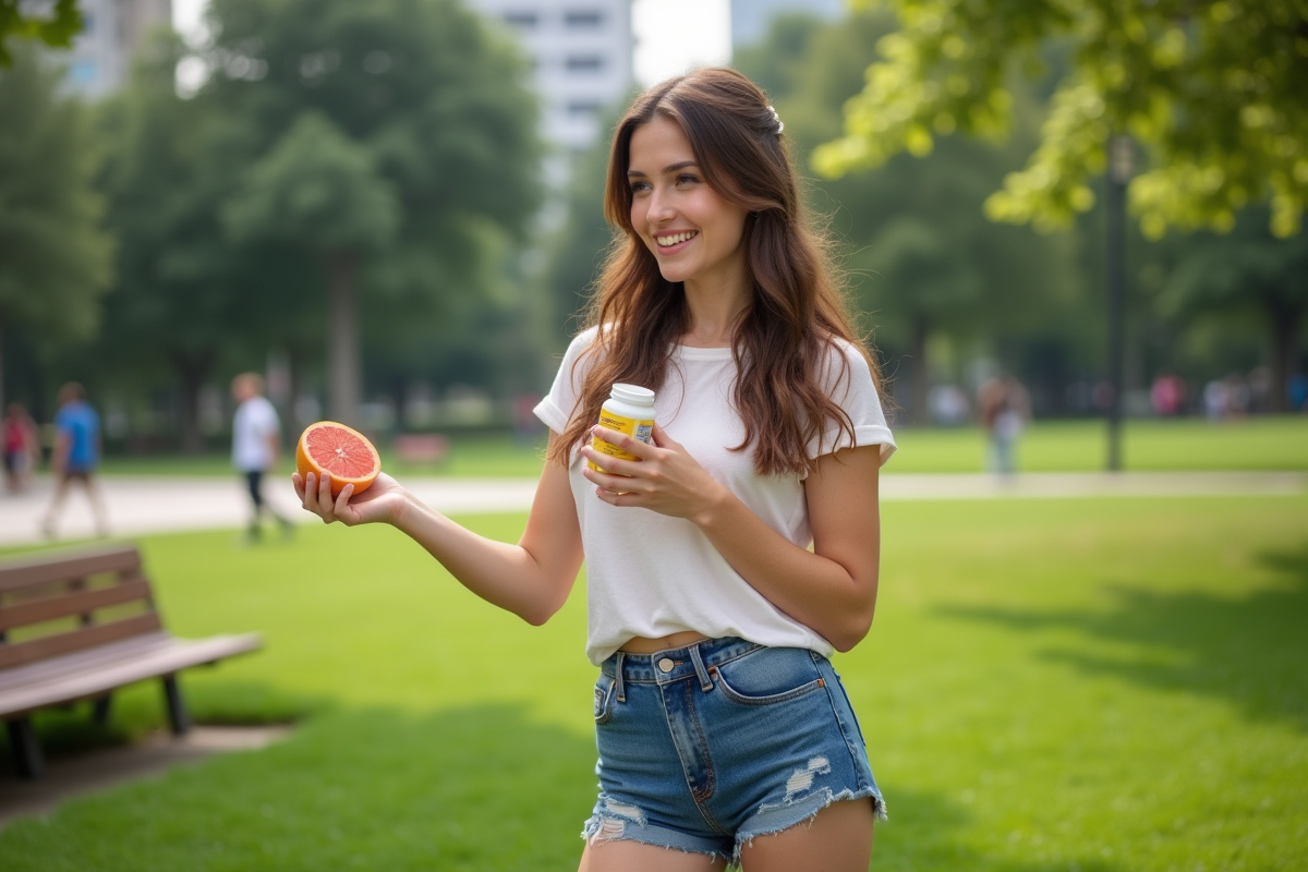 Jeune femme dans un parc urbain tenant un complément vitaminé