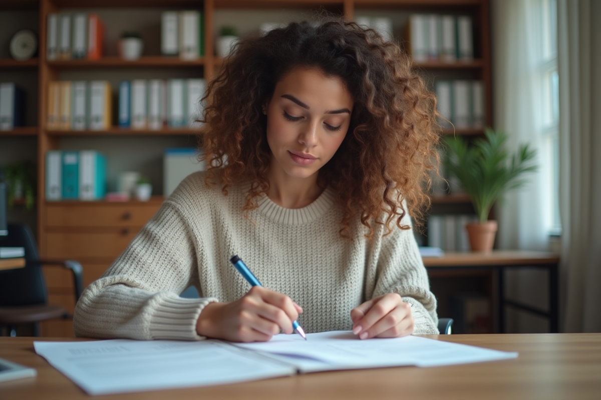 Jeune femme à l'université remplissant des documents de santé