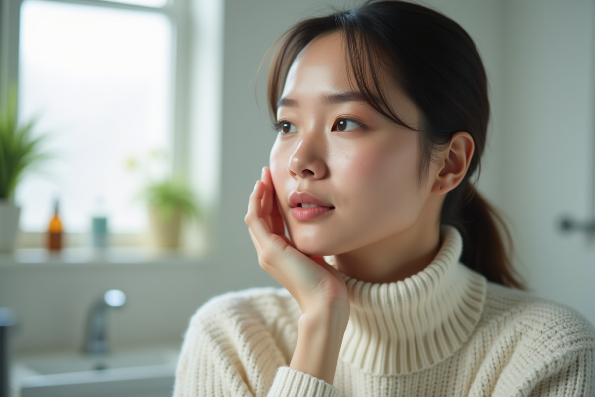 Jeune femme en turtleneck regardant son visage dans le miroir
