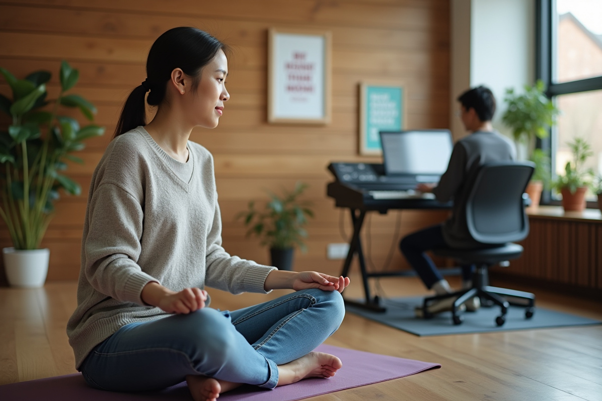 Jeune femme écoute un thérapeute jouer du clavier