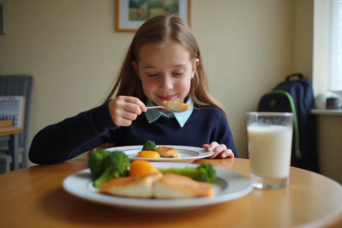 Jeune fille mangeant un repas équilibré riche en calcium et en vitamine D pour réduire l'inflammation liée à la maladie de Sever