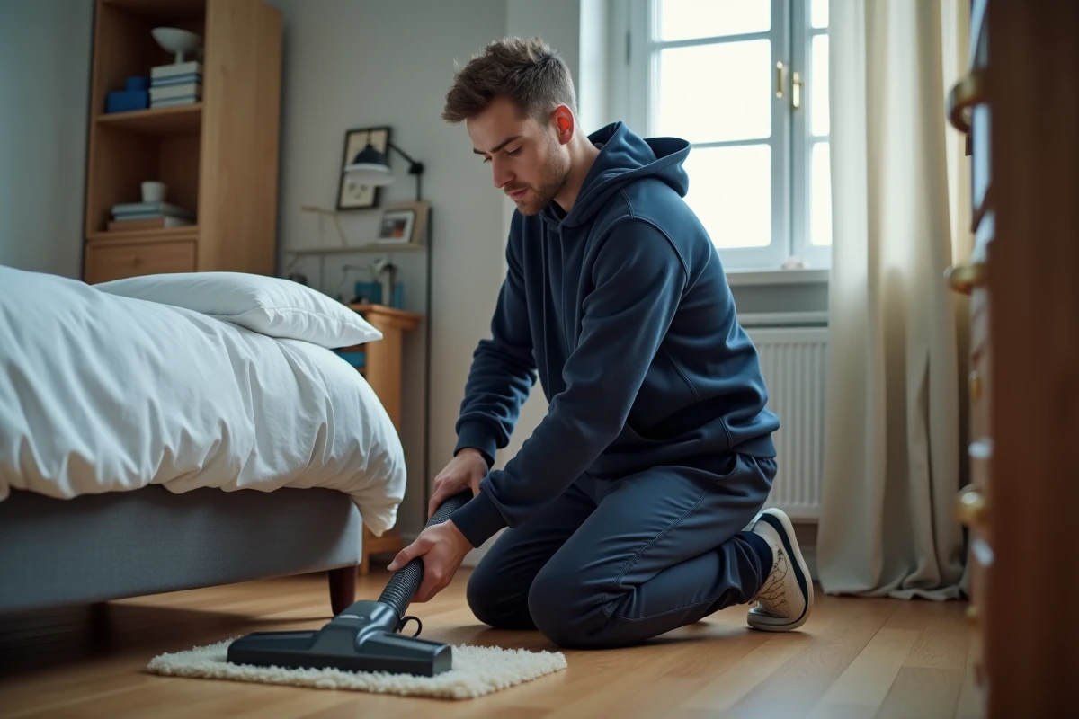 Jeune homme nettoyant le sol de sa chambre avec un aspirateur