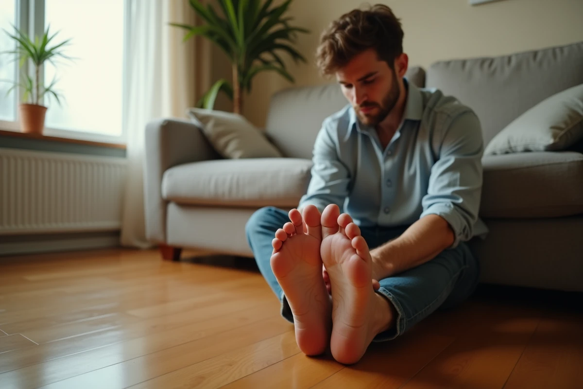 Jeune homme inspectant la chaleur sur le dessus de son pied dans un environnement domestique